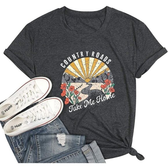 Women Dark Grey  Polyester Blend Country Roads Take Me Home Short Sleeve T-Shirt - Picture 2 of 7